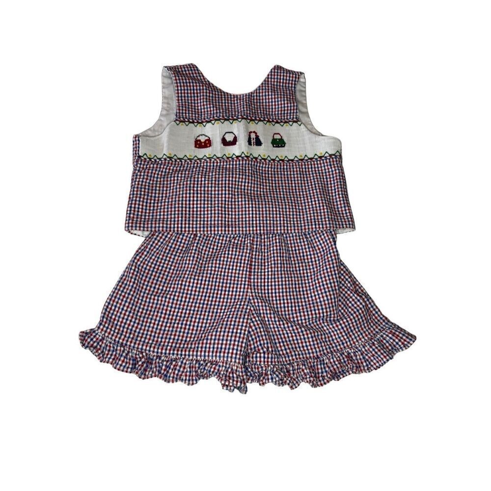 Wish Upon A Star Red Seersucker Plaid Smocked Purses 2-Piece Outfit- Size 5